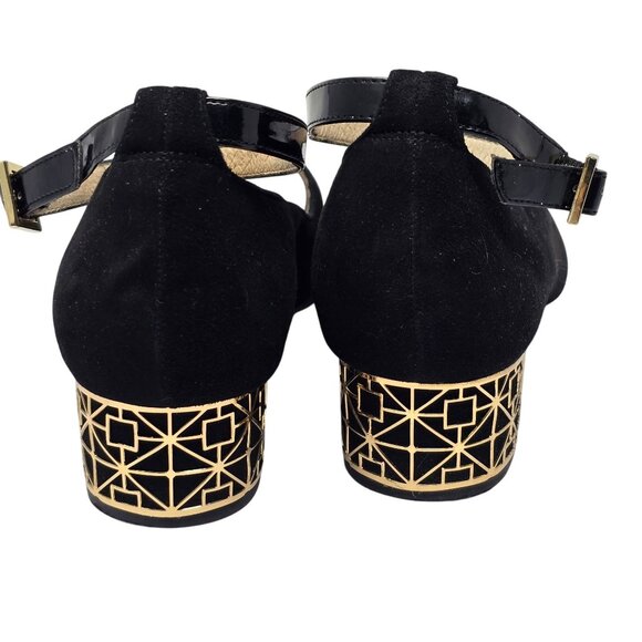 Louise Et Cie Black Suede Peep Toe Heels With Geometric Gold Block Heel Design S - Picture 6 of 7